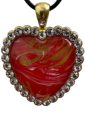 Hand Crafted Red Gold Fluid Art Heart Pendant Cord Necklace by Svetlana Yeung